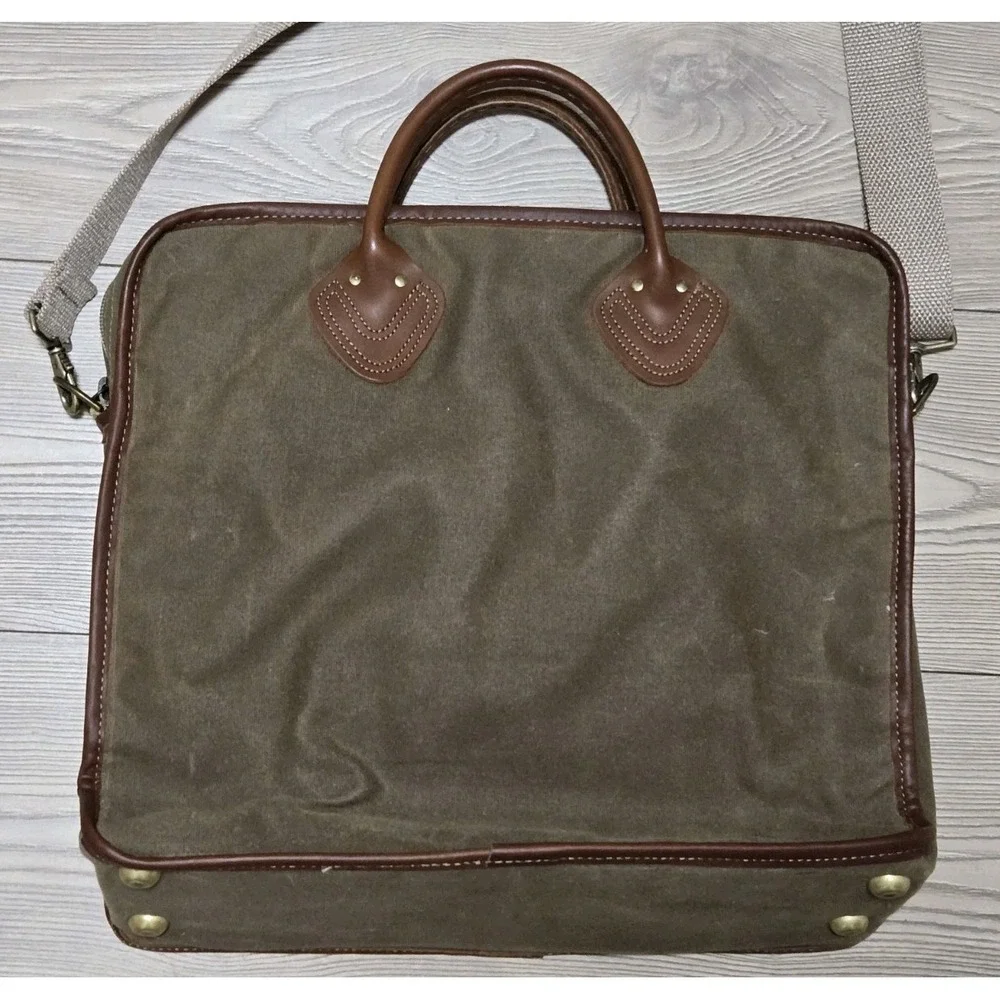 Vintage LL Bean Canvas & Leather Handle Briefcase Bag w/ Strap Green/Brown